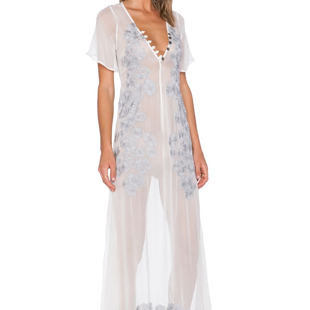 For Love & Lemons Sicily Sheer White Maxi Dress with Silver Floral Embroidery